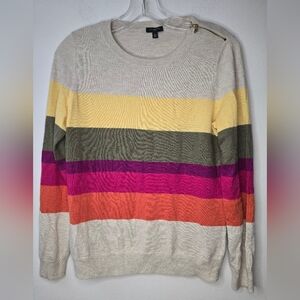 Talbots Lambs wool Blend Beige Multi Color Striped Lightweight Crewneck …